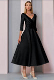 A-Line Mother of the Bride Dress Vintage Plus Size Ankle Length Satin 3/4 Length Sleeve-misshow.com