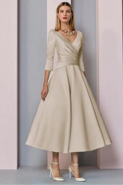 A-Line Mother of the Bride Dress Vintage Plus Size Ankle Length Satin 3/4 Length Sleeve-misshow.com