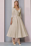 A-Line Mother of the Bride Dress Vintage Plus Size Ankle Length Satin 3/4 Length Sleeve