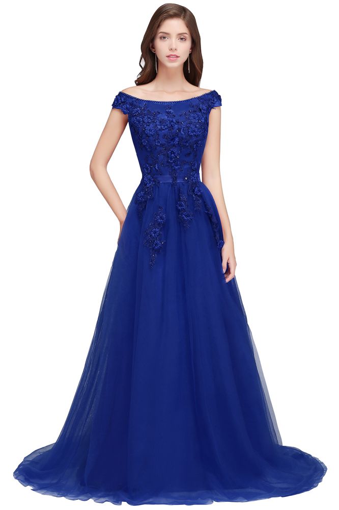 MISSHOW offers A-line Off-shoulder Floor-length Tulle Appliques Prom Dresses at a cheap price from Burgundy,Royal Blue,Dark Navy,Black,Silver, Tulle to A-line Floor-length hem. Stunning yet affordable Sleeveless Prom Dresses,Evening Dresses.