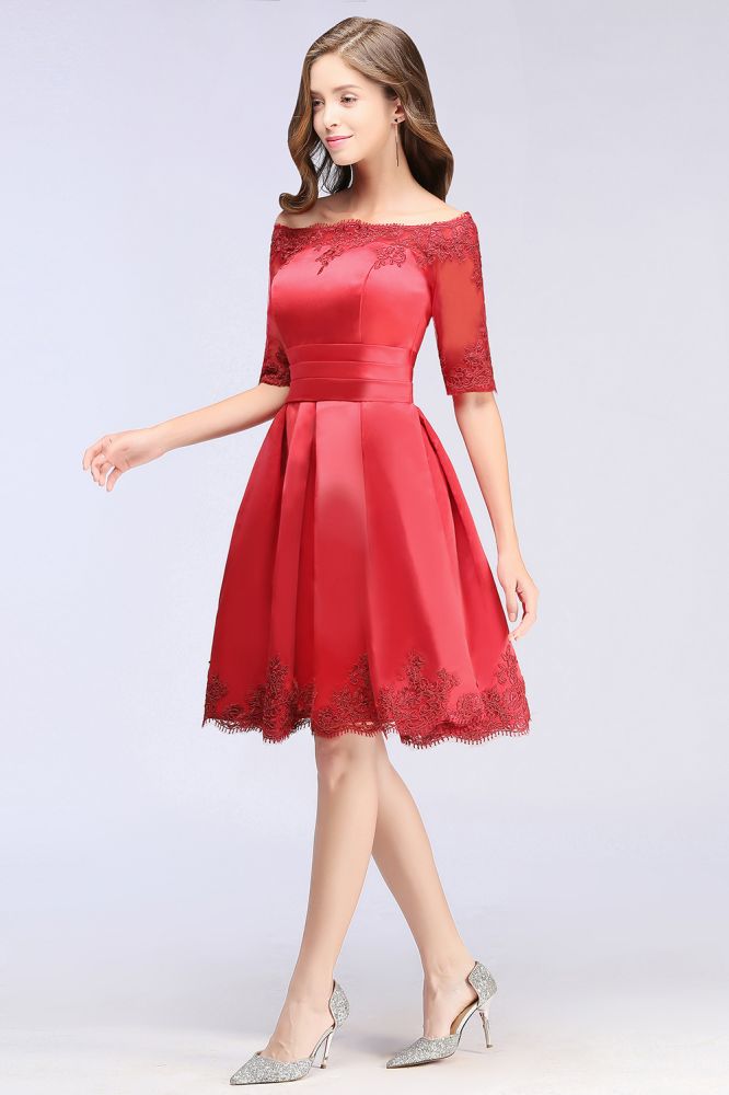 MISSHOW offers A-line Off-shoulder Half Sleeves Short Lace Appliques Prom Dresses at a cheap price from White,Ivory,Nude pink,Dusty Rose,Red,Burgundy,Dark Navy,Black,Silver, 100D Chiffon to A-line Mini hem. Stunning yet affordable Half-Sleeves Prom Dresses,Homecoming Dresses.