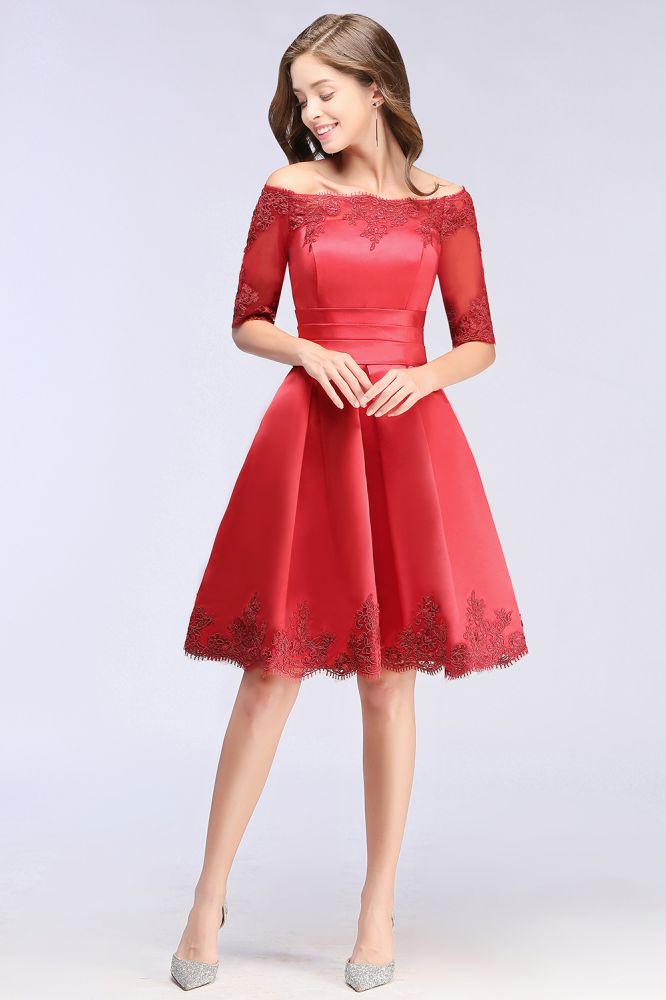 MISSHOW offers A-line Off-shoulder Half Sleeves Short Lace Appliques Prom Dresses at a cheap price from White,Ivory,Nude pink,Dusty Rose,Red,Burgundy,Dark Navy,Black,Silver, 100D Chiffon to A-line Mini hem. Stunning yet affordable Half-Sleeves Prom Dresses,Homecoming Dresses.