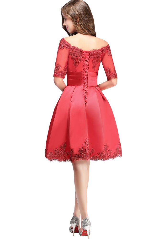 MISSHOW offers A-line Off-shoulder Half Sleeves Short Lace Appliques Prom Dresses at a cheap price from White,Ivory,Nude pink,Dusty Rose,Red,Burgundy,Dark Navy,Black,Silver, 100D Chiffon to A-line Mini hem. Stunning yet affordable Half-Sleeves Prom Dresses,Homecoming Dresses.