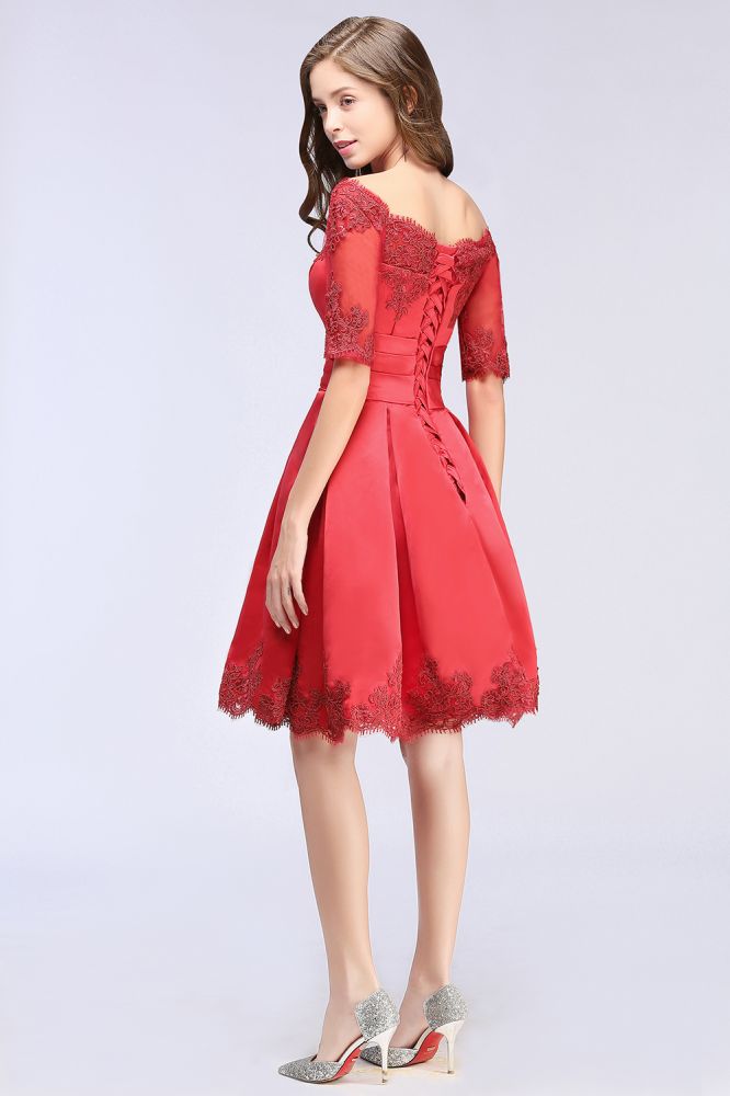 MISSHOW offers A-line Off-shoulder Half Sleeves Short Lace Appliques Prom Dresses at a cheap price from White,Ivory,Nude pink,Dusty Rose,Red,Burgundy,Dark Navy,Black,Silver, 100D Chiffon to A-line Mini hem. Stunning yet affordable Half-Sleeves Prom Dresses,Homecoming Dresses.
