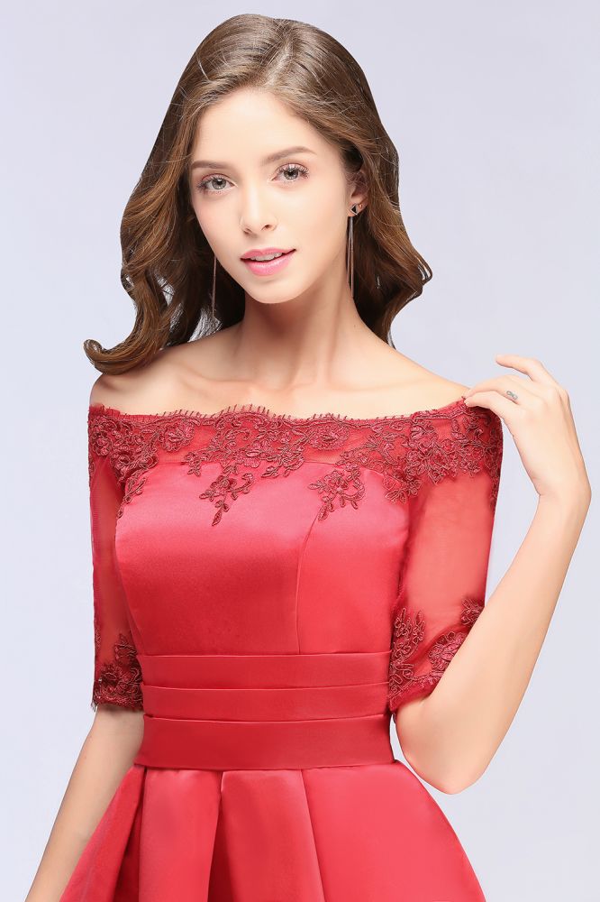 MISSHOW offers A-line Off-shoulder Half Sleeves Short Lace Appliques Prom Dresses at a cheap price from White,Ivory,Nude pink,Dusty Rose,Red,Burgundy,Dark Navy,Black,Silver, 100D Chiffon to A-line Mini hem. Stunning yet affordable Half-Sleeves Prom Dresses,Homecoming Dresses.