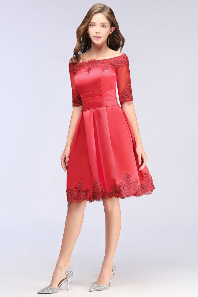MISSHOW offers A-line Off-shoulder Half Sleeves Short Lace Appliques Prom Dresses at a cheap price from White,Ivory,Nude pink,Dusty Rose,Red,Burgundy,Dark Navy,Black,Silver, 100D Chiffon to A-line Mini hem. Stunning yet affordable Half-Sleeves Prom Dresses,Homecoming Dresses.