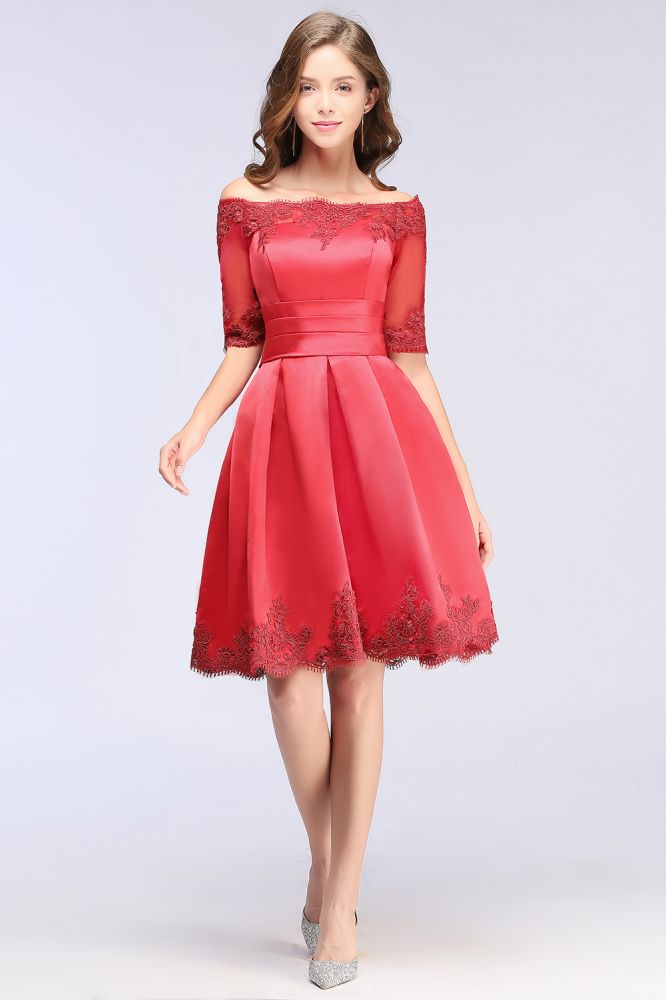 MISSHOW offers A-line Off-shoulder Half Sleeves Short Lace Appliques Prom Dresses at a cheap price from White,Ivory,Nude pink,Dusty Rose,Red,Burgundy,Dark Navy,Black,Silver, 100D Chiffon to A-line Mini hem. Stunning yet affordable Half-Sleeves Prom Dresses,Homecoming Dresses.