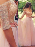A-Line Off-the-Shoulder 1/2 Sleeves Floor-Length With Lace Tulle Prom Dresses