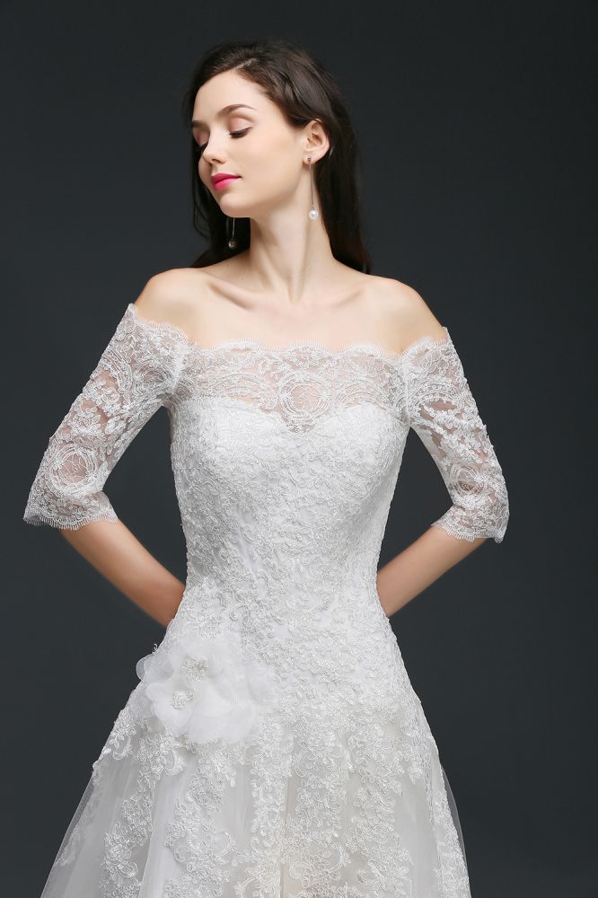 MISSHOW offers gorgeous White,Ivory Off-the-shoulder party dresses with delicately handmade Lace,Crystal Brooch in size 0-26W. Shop Floor-length prom dresses at affordable prices.