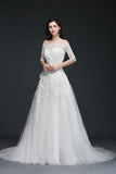 A-line Off-the-Shoulder Court Train Tulle Wedding Dresses with Buttons