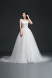 This elegant Off-the-shoulder Tulle wedding dress with Lace could be custom made in plus size for curvy women. Plus size Cap Sleeves A-line bridal gowns are classic yet cheap.