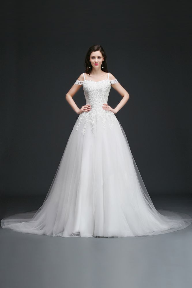 This elegant Off-the-shoulder Tulle wedding dress with Lace could be custom made in plus size for curvy women. Plus size Cap Sleeves A-line bridal gowns are classic yet cheap.