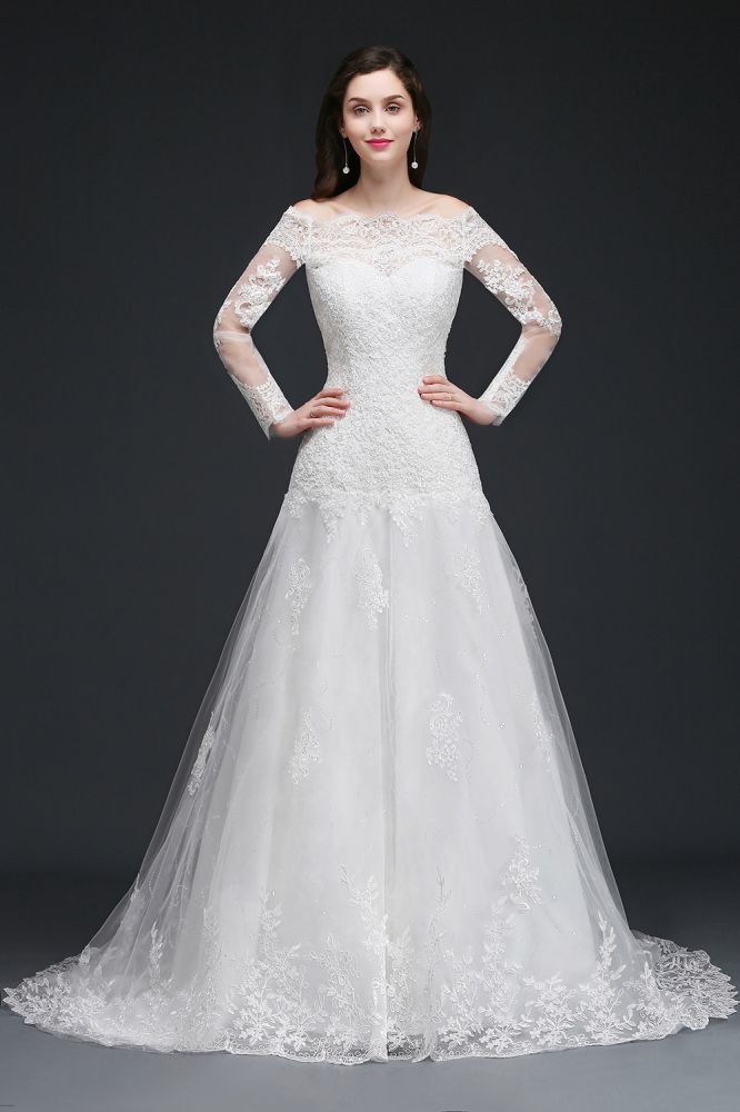 This elegant Off-the-shoulder Tulle wedding dress with Appliques could be custom made in plus size for curvy women. Plus size Cap Sleeves,Long Sleeves A-line bridal gowns are classic yet cheap.