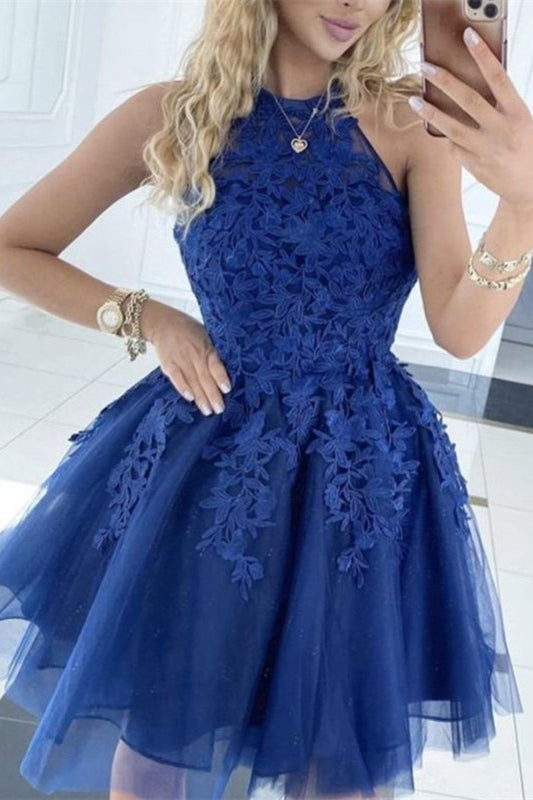 A-Line Princess Ruched Halter Tulle Sleeveless Homecoming Dresses-misshow.com