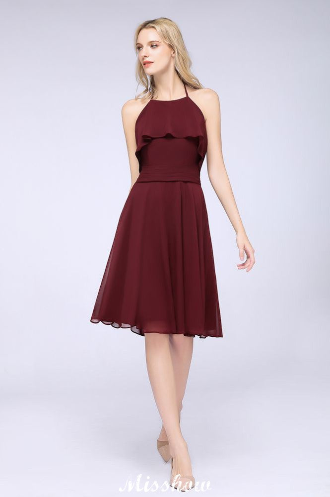 A-Line Ruffles Chiffon Halter Knee-Length Party Dress Simple Bridesmaid Dress | MISSHOW A-Line Ruffles Chiffon Halter Knee-Length Party Dress Simple Bridesmaid Dress | MISSHOW