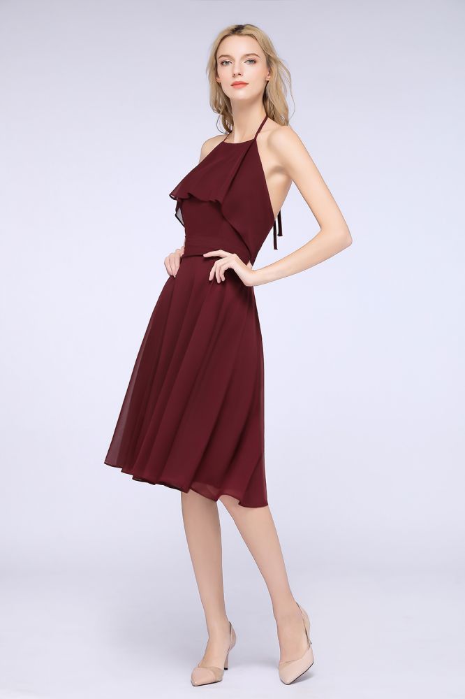 MISSHOW offers A-Line Ruffles Chiffon Halter Knee-Length Party Dress Simple Bridesmaid Dress at a good price from 100D Chiffon to A-line Knee-length them. Lightweight yet affordable home,beach,swimming useBridesmaid Dresses.