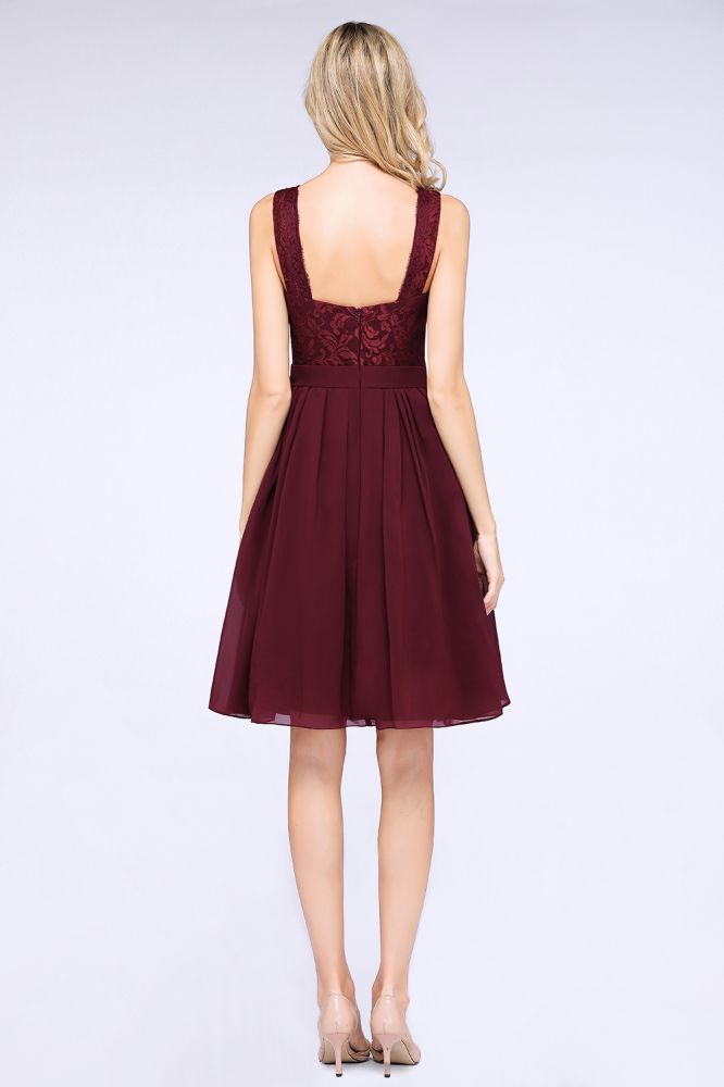 MISSHOW offers A-Line Ruffles Chiffon Lace V-Neck Evening Party Dress Sleeveless Knee-Length Homecoming Dress at a good price from Misshow