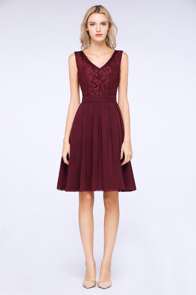 MISSHOW offers A-Line Ruffles Chiffon Lace V-Neck Evening Party Dress Sleeveless Knee-Length Homecoming Dress at a good price from Misshow