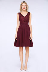 MISSHOW offers A-Line Ruffles Chiffon Lace V-Neck Evening Party Dress Sleeveless Knee-Length Homecoming Dress at a good price from Misshow