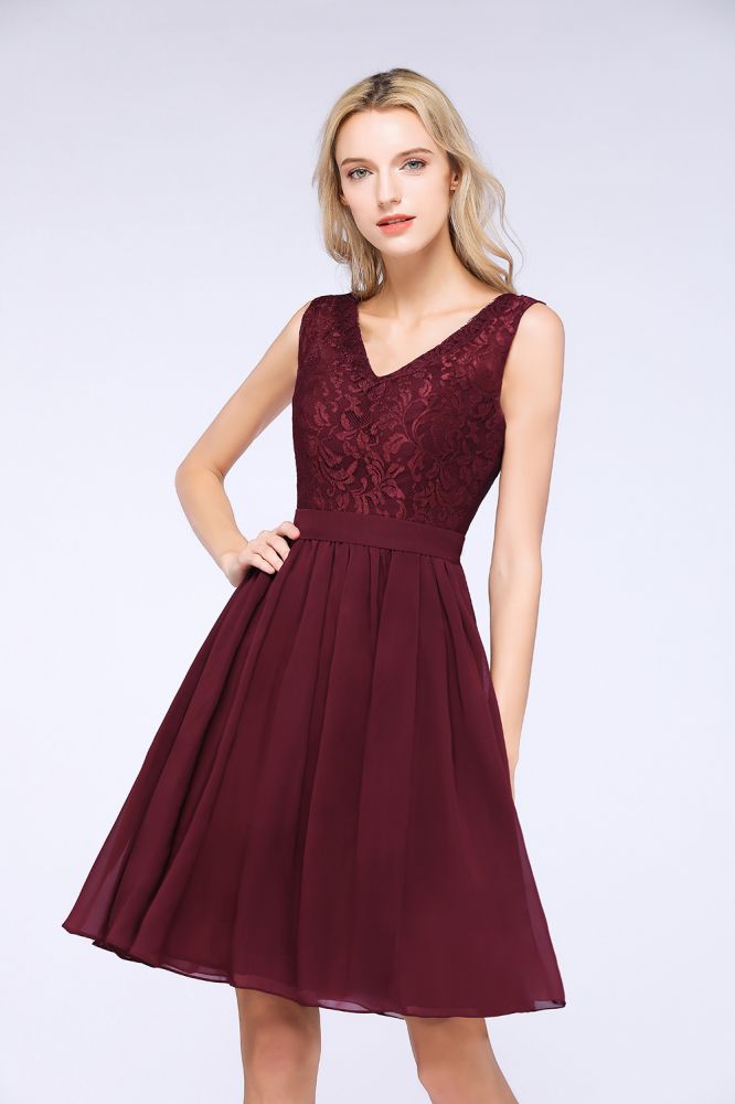 MISSHOW offers A-Line Ruffles Chiffon Lace V-Neck Evening Party Dress Sleeveless Knee-Length Homecoming Dress at a good price from Misshow