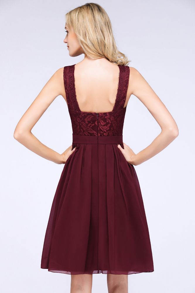 MISSHOW offers A-Line Ruffles Chiffon Lace V-Neck Evening Party Dress Sleeveless Knee-Length Homecoming Dress at a good price from Misshow