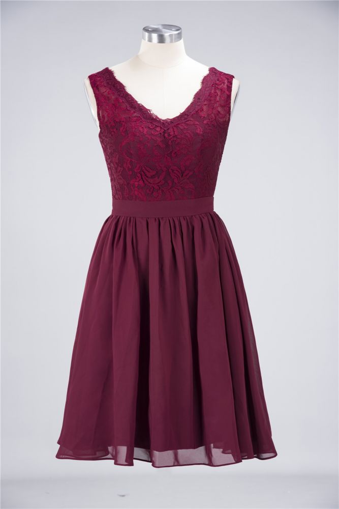 MISSHOW offers A-Line Ruffles Chiffon Lace V-Neck Evening Party Dress Sleeveless Knee-Length Homecoming Dress at a good price from Misshow