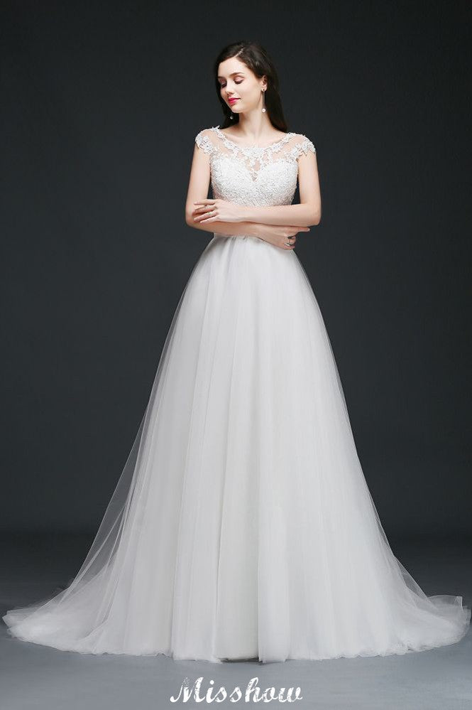 MISSHOW offers gorgeous White,Ivory Scoop party dresses with delicately handmade Lace,Ribbons in size 0-26W. Shop Floor-length prom dresses at affordable prices.