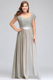 A-Line Scoop Floor Length Cap Sleeves Appliques Silver Evening Dresses with Sash