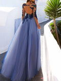 A-Line Scoop Long Sleeves Floor-Length With Applique Tulle Prom Dresses