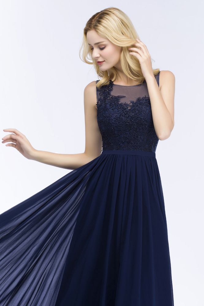 A-Line Scoop Neck Bridesmaid Dress Chiffon Appliques Floor-Length Evening Maxi Gown Sleeveless | MisShow A-Line Scoop Neck Bridesmaid Dress Chiffon Appliques Floor-Length Evening Maxi Gown Sleeveless | MisShow