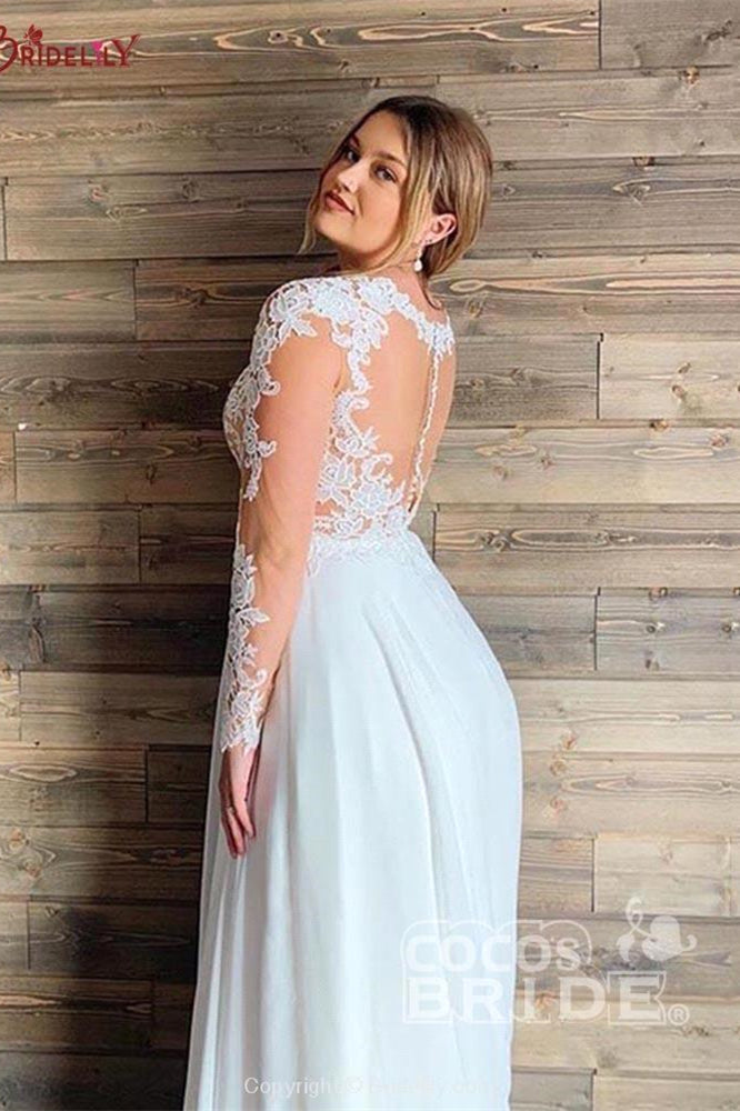 A-line Sheer Tulle Lace Wedding Gowns Long Sleeve Floor Length Beach Bridal Gowns-misshow.com