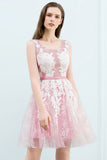 A-line Short Crew Sleeveless Lace Appliques Tulle Prom Dresses