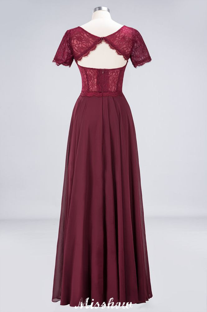 MISSHOW offers A-Line Short-Sleeves Floor-Length Bridesmaid Dress Chiffon Lace Round-Neck Evening Dress at a good price from 100D Chiffon,Lace to A-line Floor-length them. Lightweight yet affordable home,beach,swimming useBridesmaid Dresses.