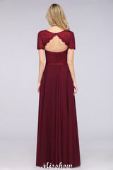 MISSHOW offers A-Line Short-Sleeves Floor-Length Bridesmaid Dress Chiffon Lace Round-Neck Evening Dress at a good price from 100D Chiffon,Lace to A-line Floor-length them. Lightweight yet affordable home,beach,swimming useBridesmaid Dresses.