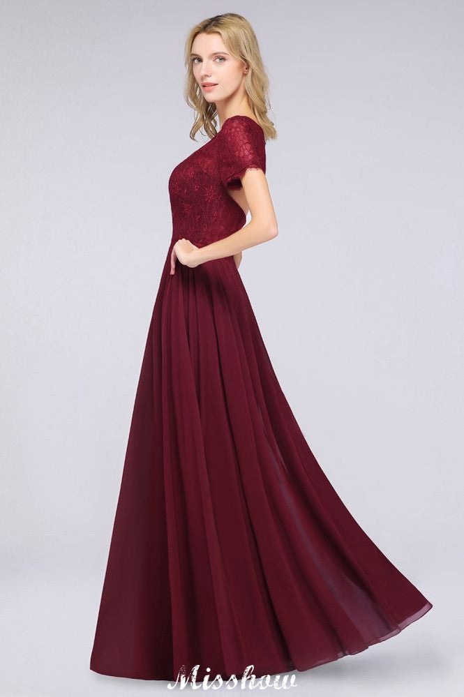 MISSHOW offers A-Line Short-Sleeves Floor-Length Bridesmaid Dress Chiffon Lace Round-Neck Evening Dress at a good price from 100D Chiffon,Lace to A-line Floor-length them. Lightweight yet affordable home,beach,swimming useBridesmaid Dresses.