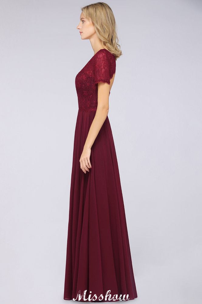 MISSHOW offers A-Line Short-Sleeves Floor-Length Bridesmaid Dress Chiffon Lace Round-Neck Evening Dress at a good price from 100D Chiffon,Lace to A-line Floor-length them. Lightweight yet affordable home,beach,swimming useBridesmaid Dresses.