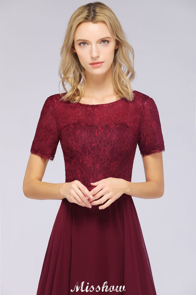 MISSHOW offers A-Line Short-Sleeves Floor-Length Bridesmaid Dress Chiffon Lace Round-Neck Evening Dress at a good price from 100D Chiffon,Lace to A-line Floor-length them. Lightweight yet affordable home,beach,swimming useBridesmaid Dresses.