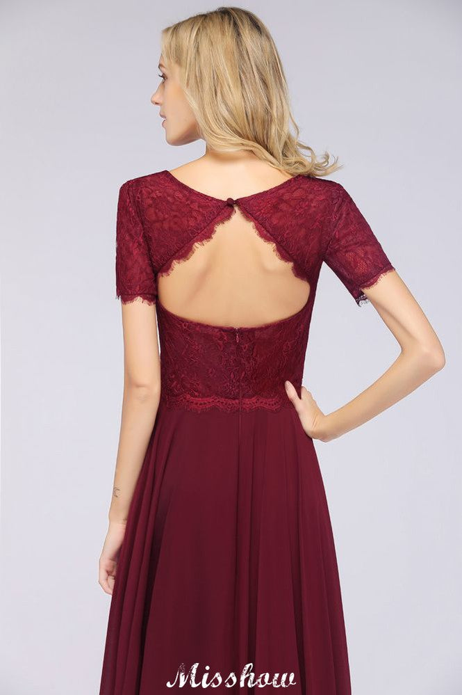 MISSHOW offers A-Line Short-Sleeves Floor-Length Bridesmaid Dress Chiffon Lace Round-Neck Evening Dress at a good price from 100D Chiffon,Lace to A-line Floor-length them. Lightweight yet affordable home,beach,swimming useBridesmaid Dresses.