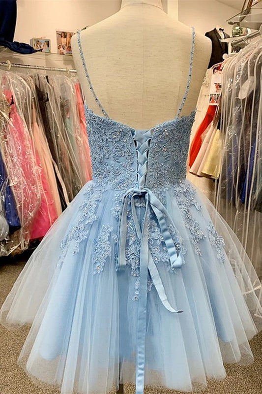 A-Line Sky Blue Tulle Applique Short Sleeveless Homecoming Dresses A-Line Sky Blue Tulle Applique Short Sleeveless Homecoming Dresses