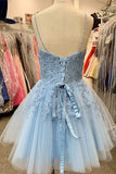A-Line Sky Blue Tulle Applique Short Sleeveless Homecoming Dresses-misshow.com