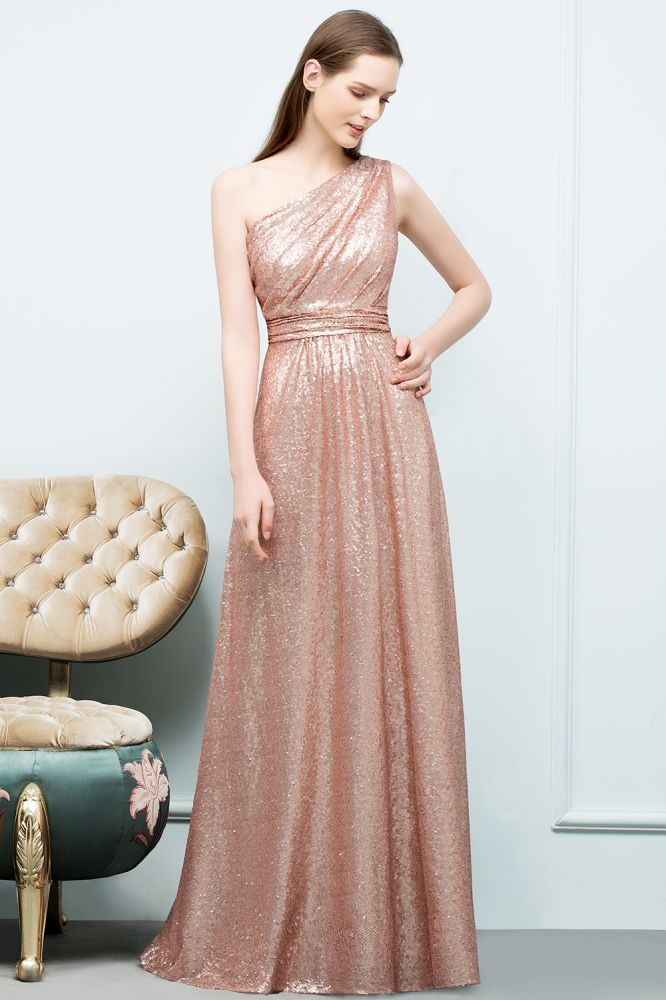Looking for Prom Dresses,Evening Dresses in Sequined, A-line style, and Gorgeous Sequined work  MISSHOW has all covered on this elegant A-line Sleeveless Floor Length One-shoulder Sequins Prom Dresses.