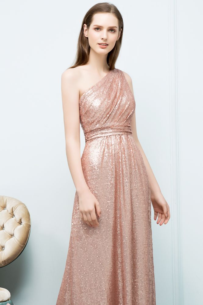 Looking for Prom Dresses,Evening Dresses in Sequined, A-line style, and Gorgeous Sequined work  MISSHOW has all covered on this elegant A-line Sleeveless Floor Length One-shoulder Sequins Prom Dresses.