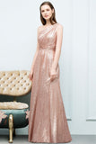 A-line Sleeveless Floor Length One-shoulder Sequins Prom Dresses