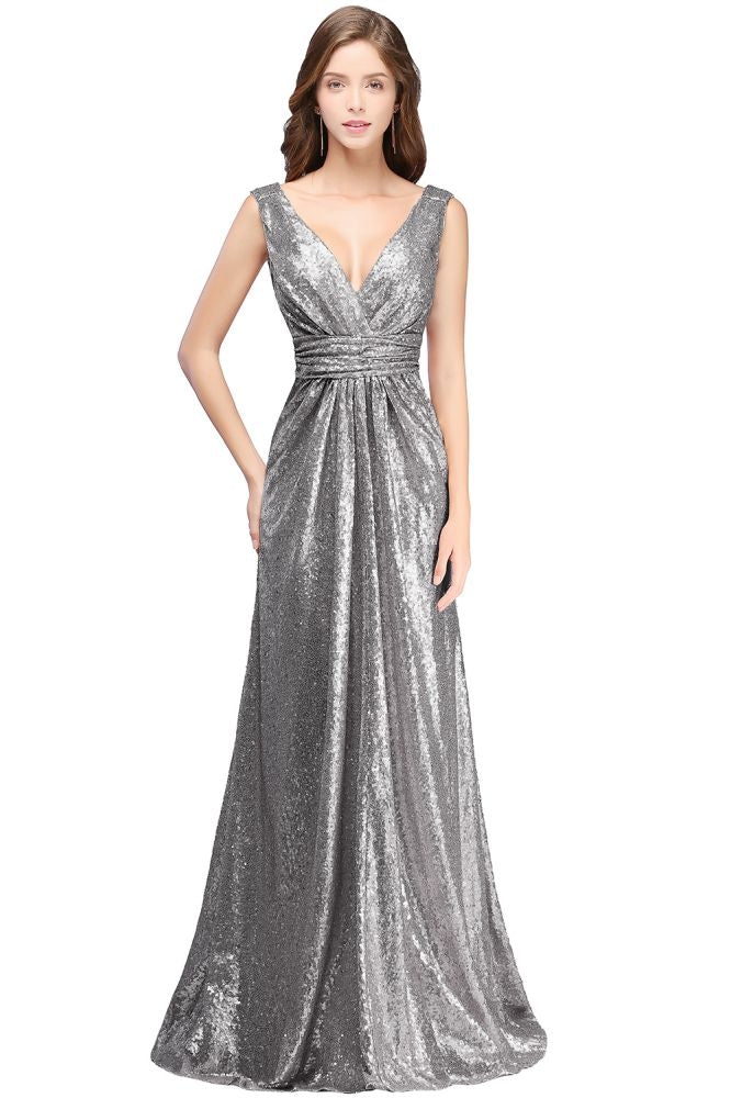 MISSHOW offers A-line Sleeveless Floor-length V-neck Sequins Prom Dresses at a cheap price from Champagne,Black,Silver, Sequined to A-line Floor-length hem. Stunning yet affordable Sleeveless Prom Dresses,Evening Dresses.