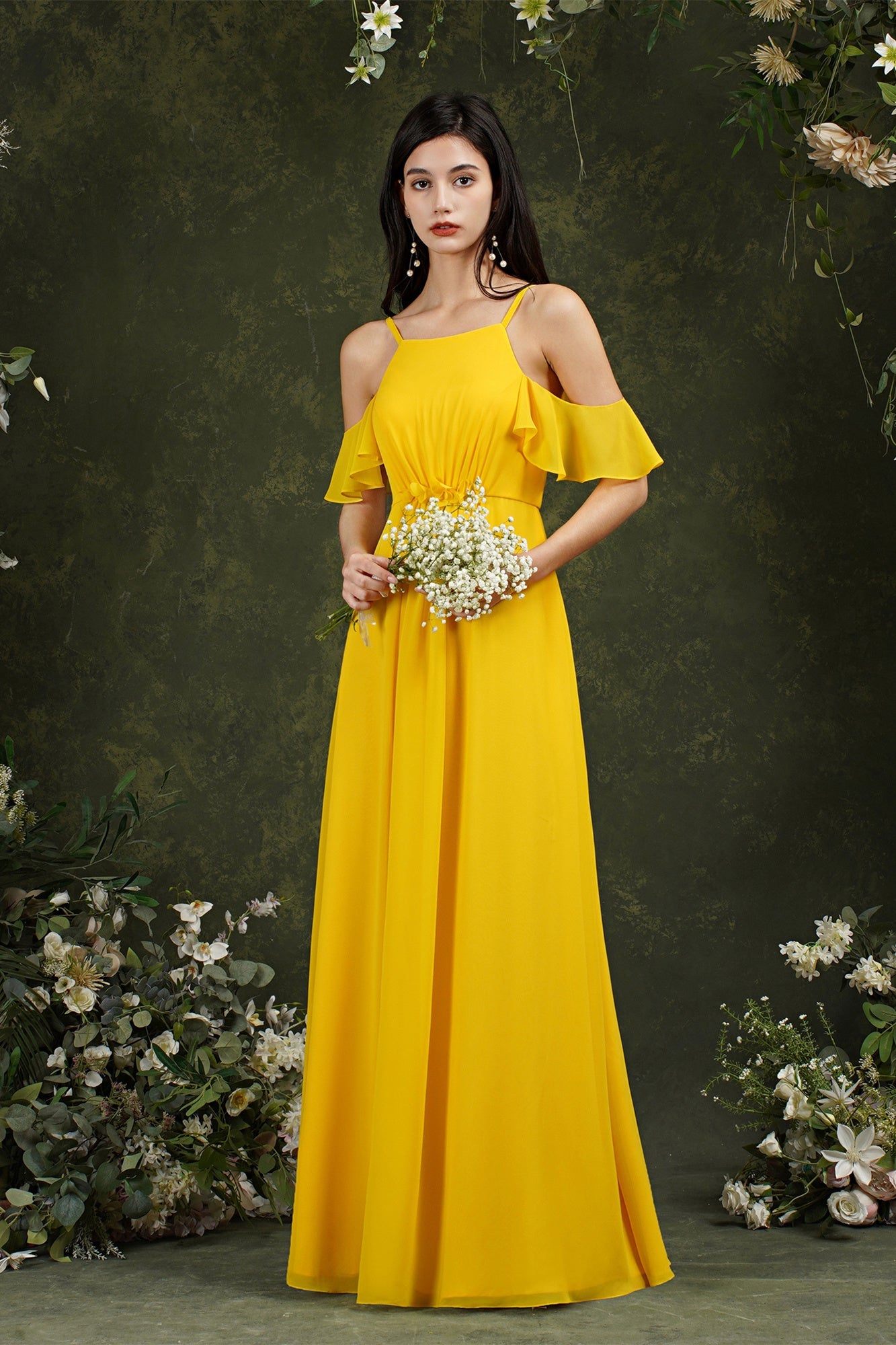 A-Line Spaghetti Straps Off-the-shoulder Ruffles Chiffon Bridesmaid Dress With Pockets-misshow.com