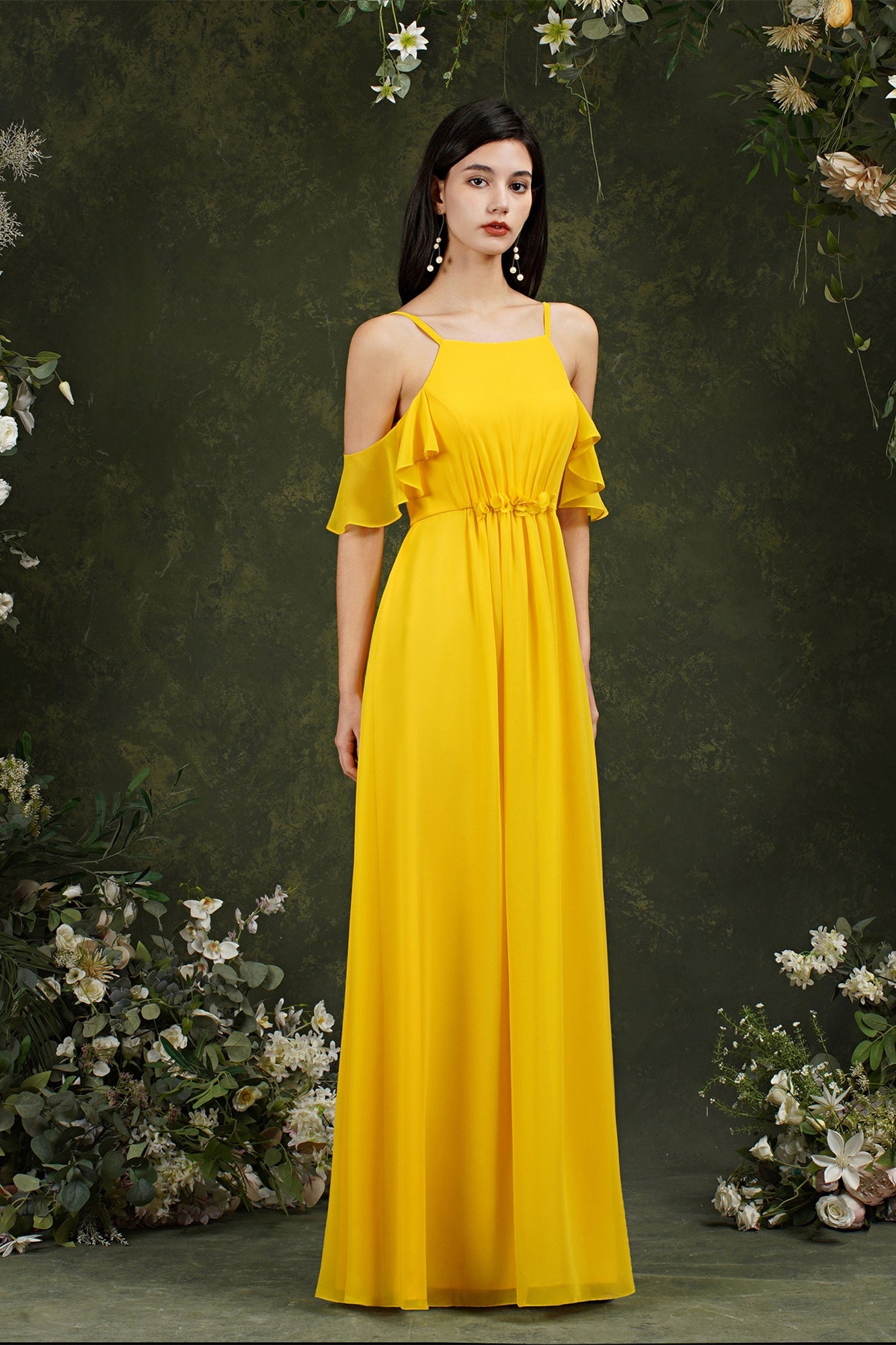 A-Line Spaghetti Straps Off-the-shoulder Ruffles Chiffon Bridesmaid Dress With Pockets-misshow.com