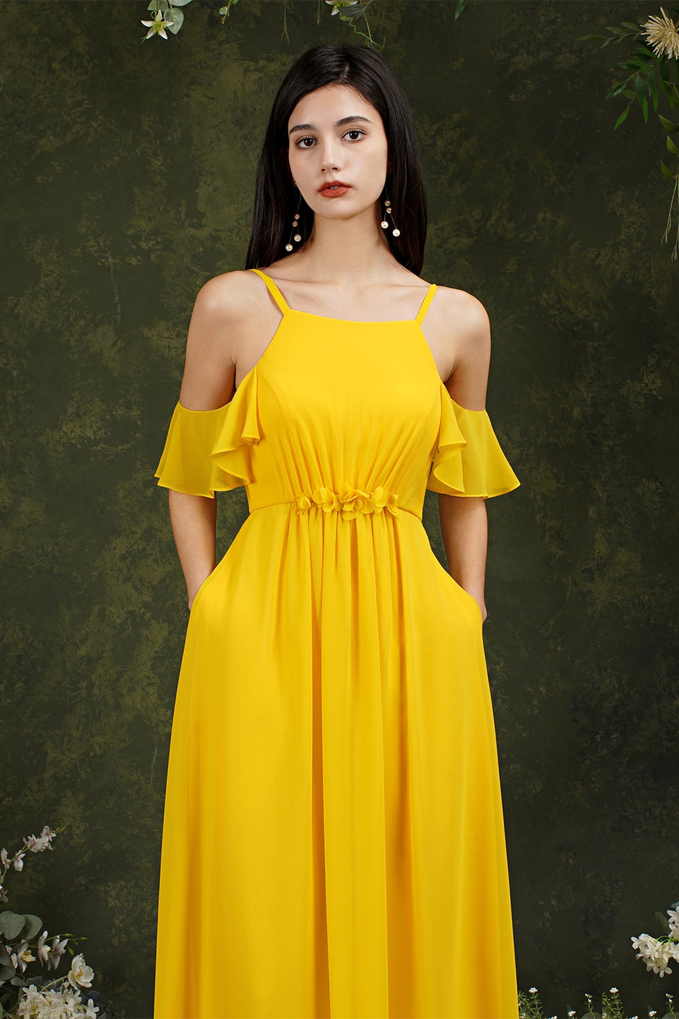 A-Line Spaghetti Straps Off-the-shoulder Ruffles Chiffon Bridesmaid Dress With Pockets-misshow.com