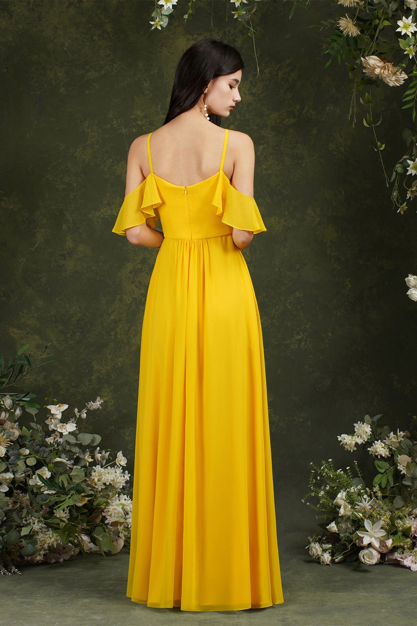 A-Line Spaghetti Straps Off-the-shoulder Ruffles Chiffon Bridesmaid Dress With Pockets-misshow.com