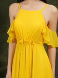 A-Line Spaghetti Straps Off-the-shoulder Ruffles Chiffon Bridesmaid Dress With Pockets-misshow.com