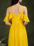 A-Line Spaghetti Straps Off-the-shoulder Ruffles Chiffon Bridesmaid Dress With Pockets-misshow.com